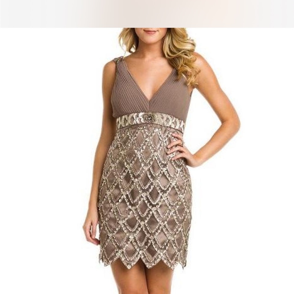 Sue Wong Taupe Beaded V-Neck Mini Dress